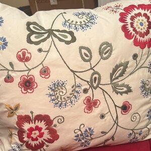 IKEA Floral Embroidered Accent Pillow - Red, Blue, Green on Cream